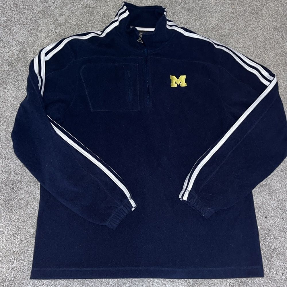 Michigan Wolverines UM Football fleece sweatshirt T neck mens 3 stripe Blue soft